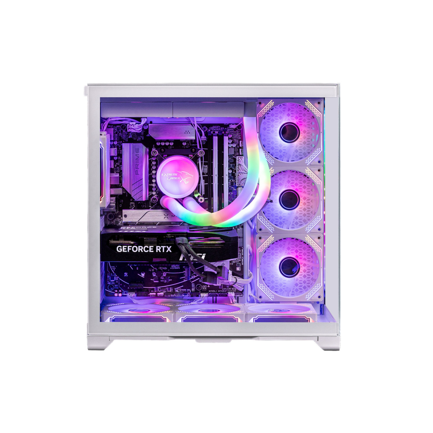 Een witte computerkast met interne componenten. RGB-verlichting verlicht de CPU, GPU, ventilatoren en waterkoeler.