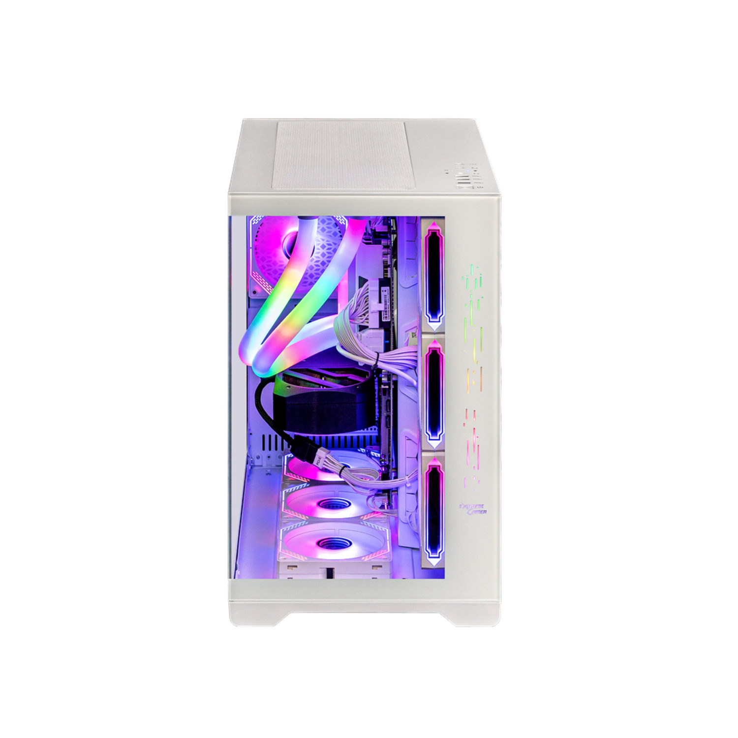 Een witte computerkast met een glazen zijpaneel, met interne componenten met kleurrijke LED-verlichting.