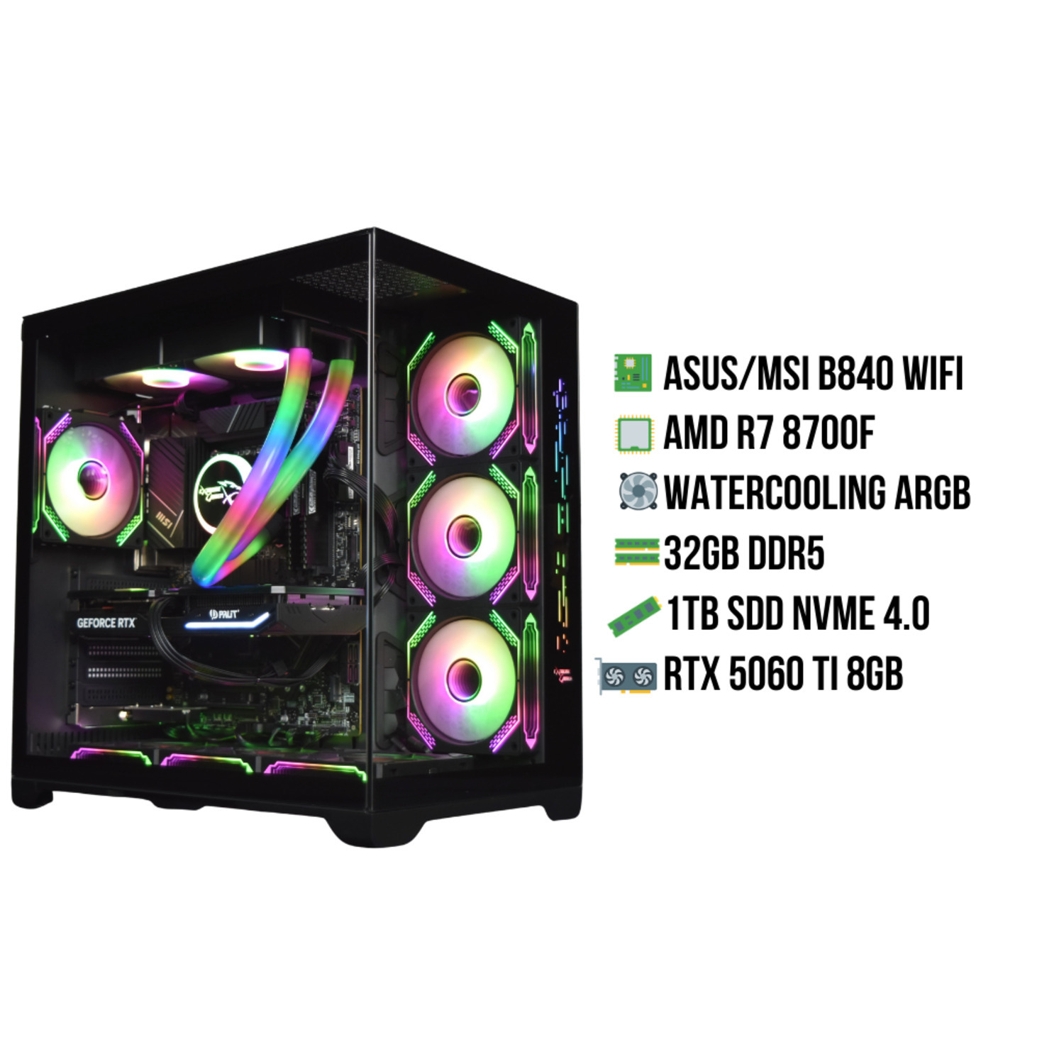 Een zwarte pc-behuizing met zichtbare interne componenten. Inclusief een grafische kaart, waterkoeling en ventilatoren met RGB-verlichting.