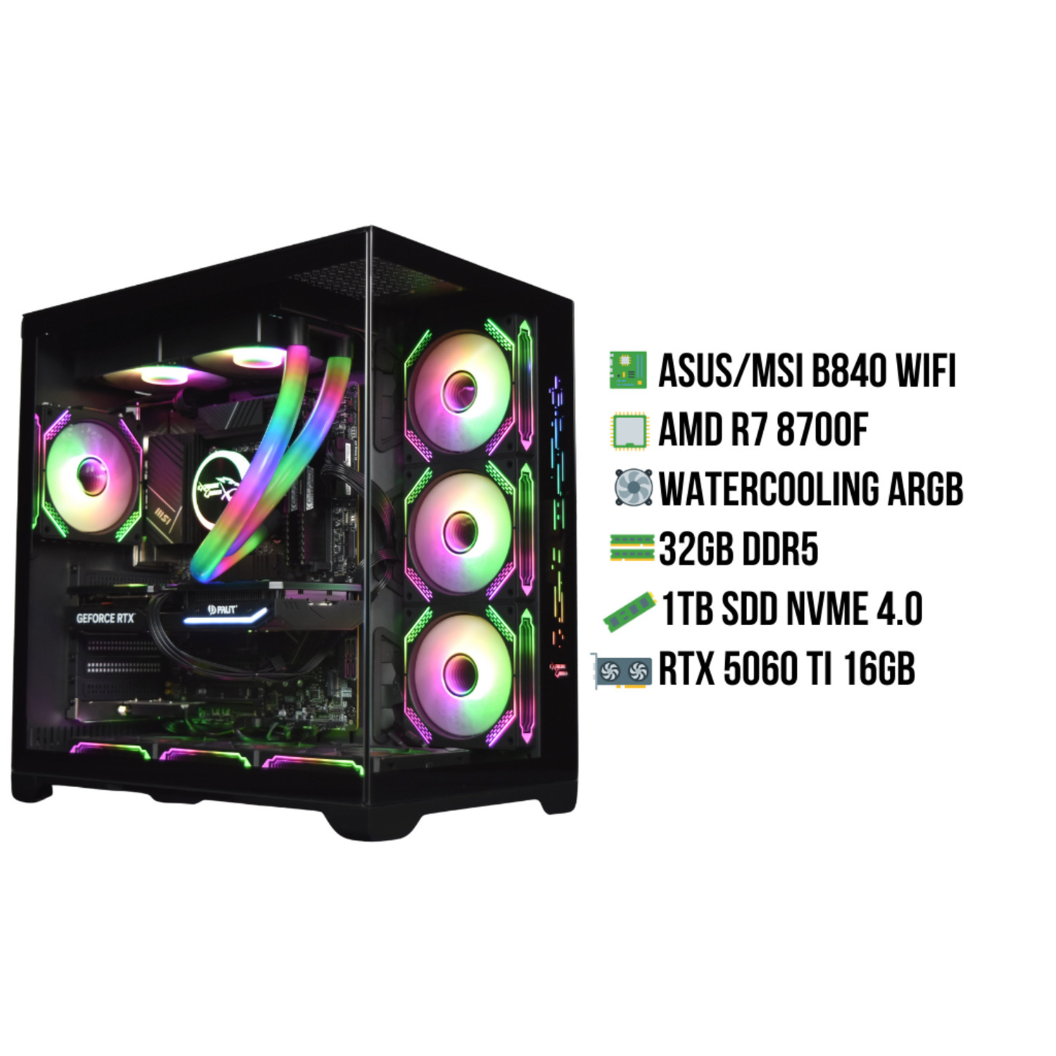 Een zwarte computerkast met RGB-ventilatoren en -componenten. Tekst toont specificaties, waaronder RTX 5060 Ti 16GB.