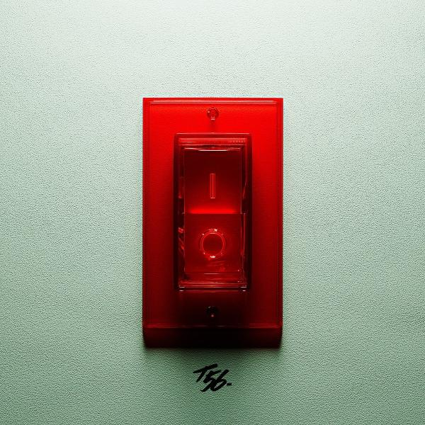 Ein roter Lichtschalter ist auf einer hellgrünen Wand zentriert. Der Schalter ist transparent. Der Schalter ist ausgeschaltet. T56 ist unten geschrieben.