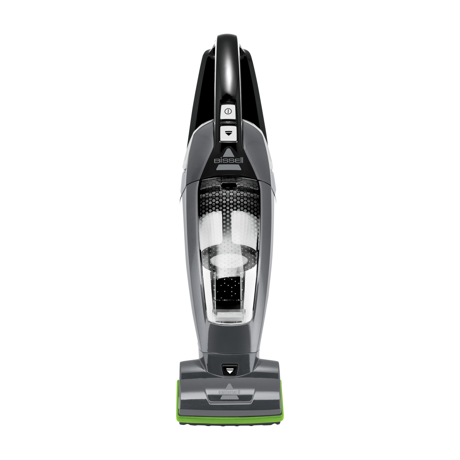 Un aspirapolvere Bissell grigio, design verticale, con manico nero e dettagli verdi sulla base. Il design è moderno ed elegante.