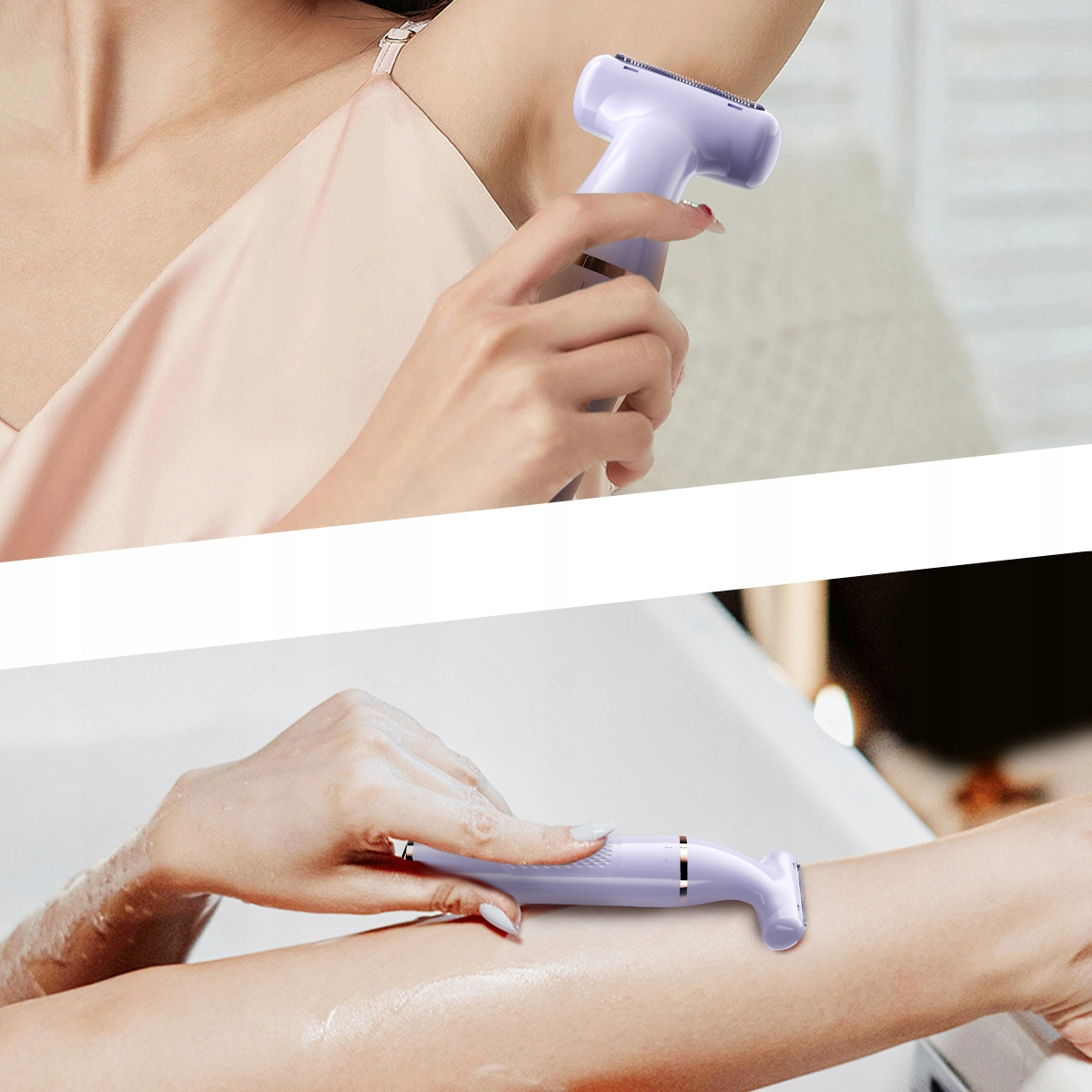 Osoba goli pachy fioletową golarką elektryczną. Inna osoba goli ramię fioletową golarką elektryczną w wannie.