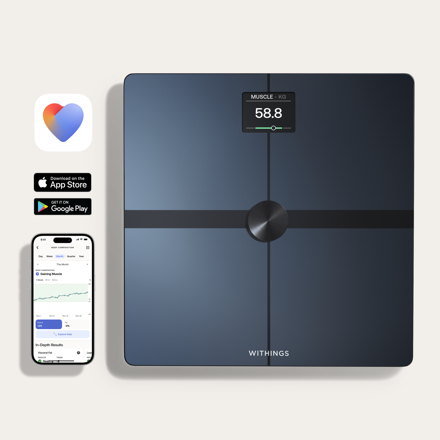 Een slimme weegschaal toont spiermassa van 58,8 kg. Een telefoon geeft lichaamscomposities weer, een logo van een gezondheidsapp en downloadknoppen.