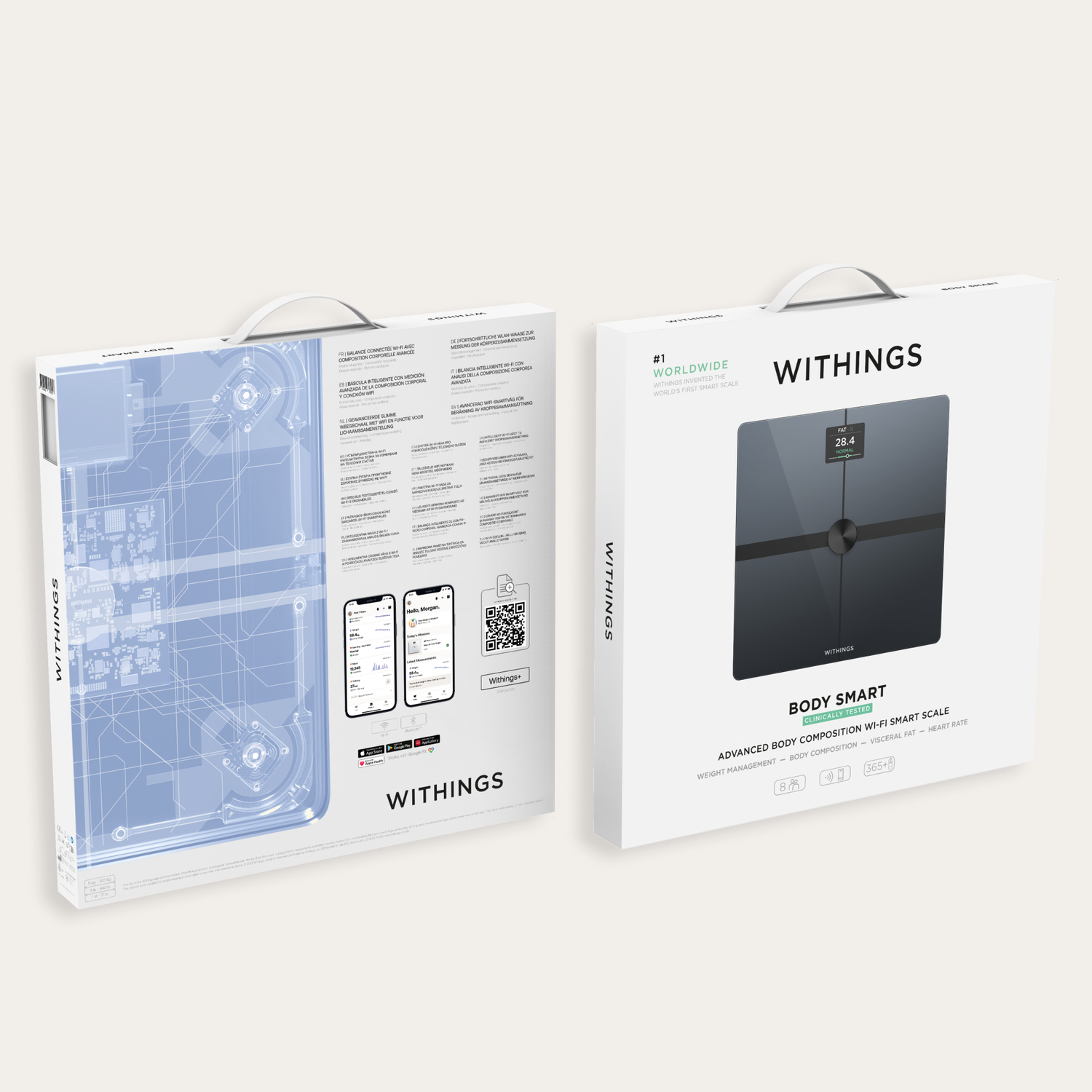 Een Withings Body Smart weegschaal doos. Het toont de weegschaal en zijn functies.