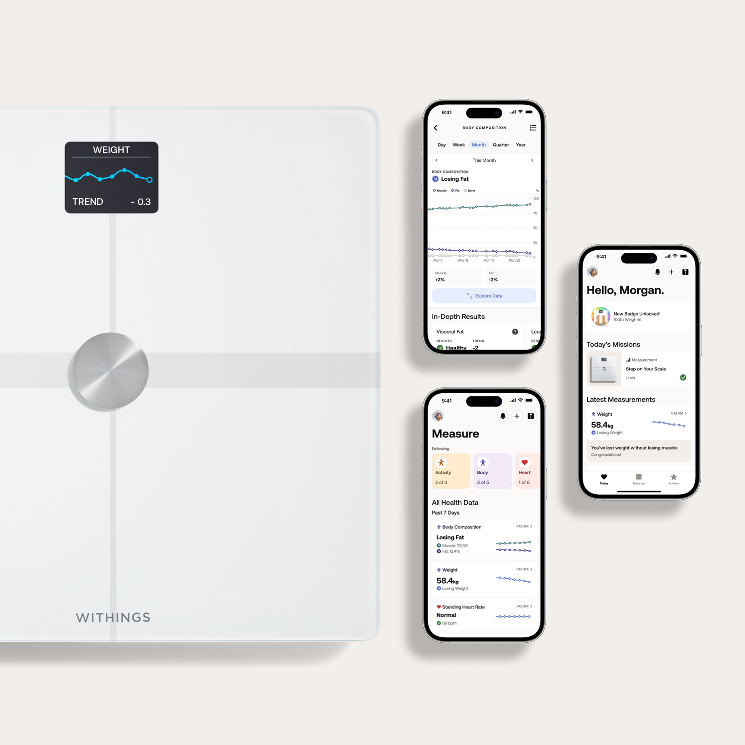 A white Withings scale with three phones displaying health data, including weight and body composition metrics.