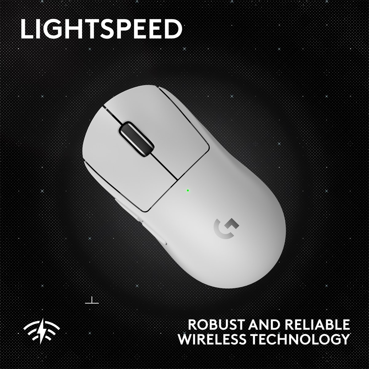 Siyah detayları ve yeşil ışığı olan beyaz kablosuz fare. Logitech G logosu görünür. Metin: 'LIGHTSPEED' ve 'ROBUST AND RELIABLE'.