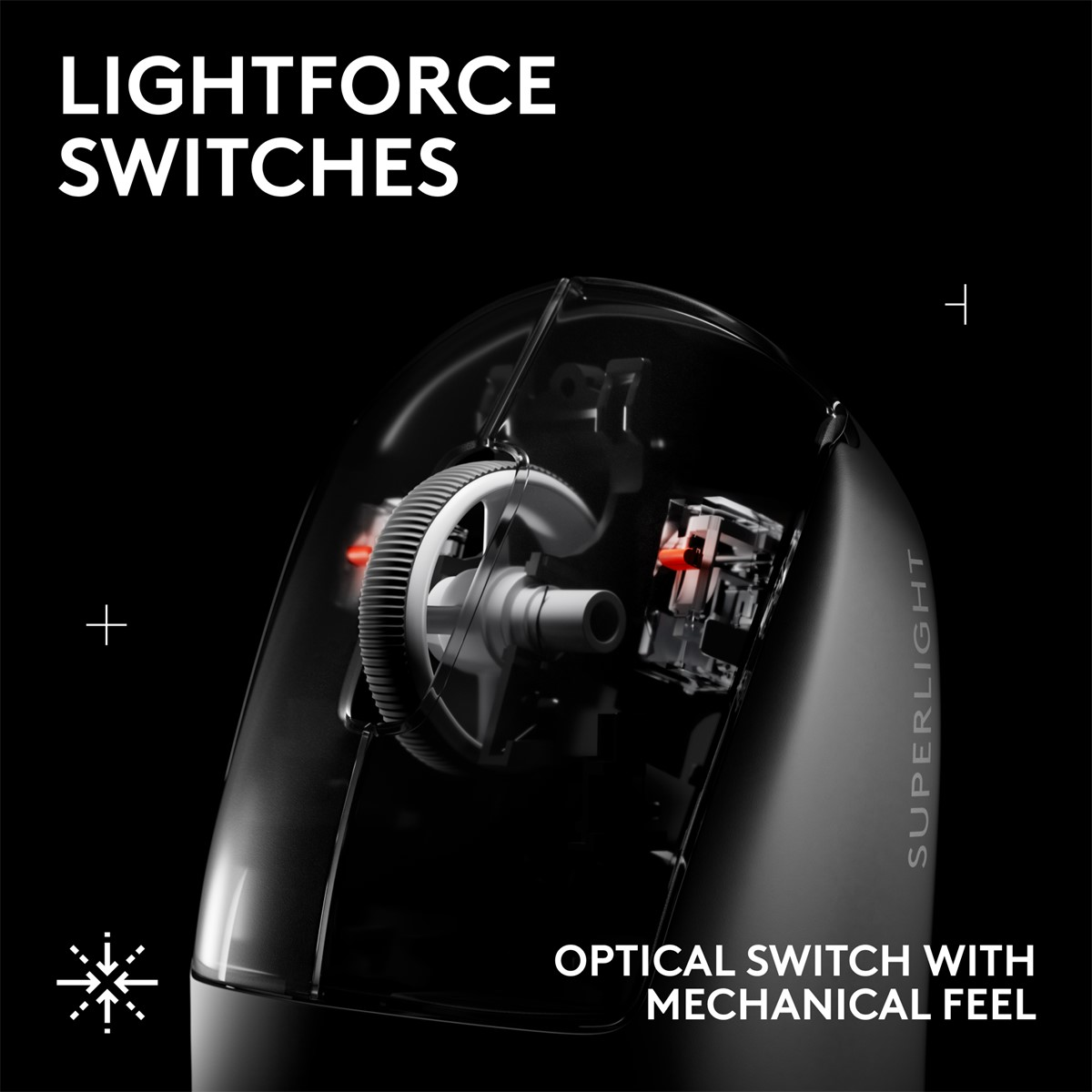 İç mekanizmalarını gösteren şeffaf kısımlara sahip siyah bir fare. Metin 'LIGHTFORCE SWITCHES' ve 'OPTICAL SWITCH WITH MECHANICAL FEEL' şeklinde.