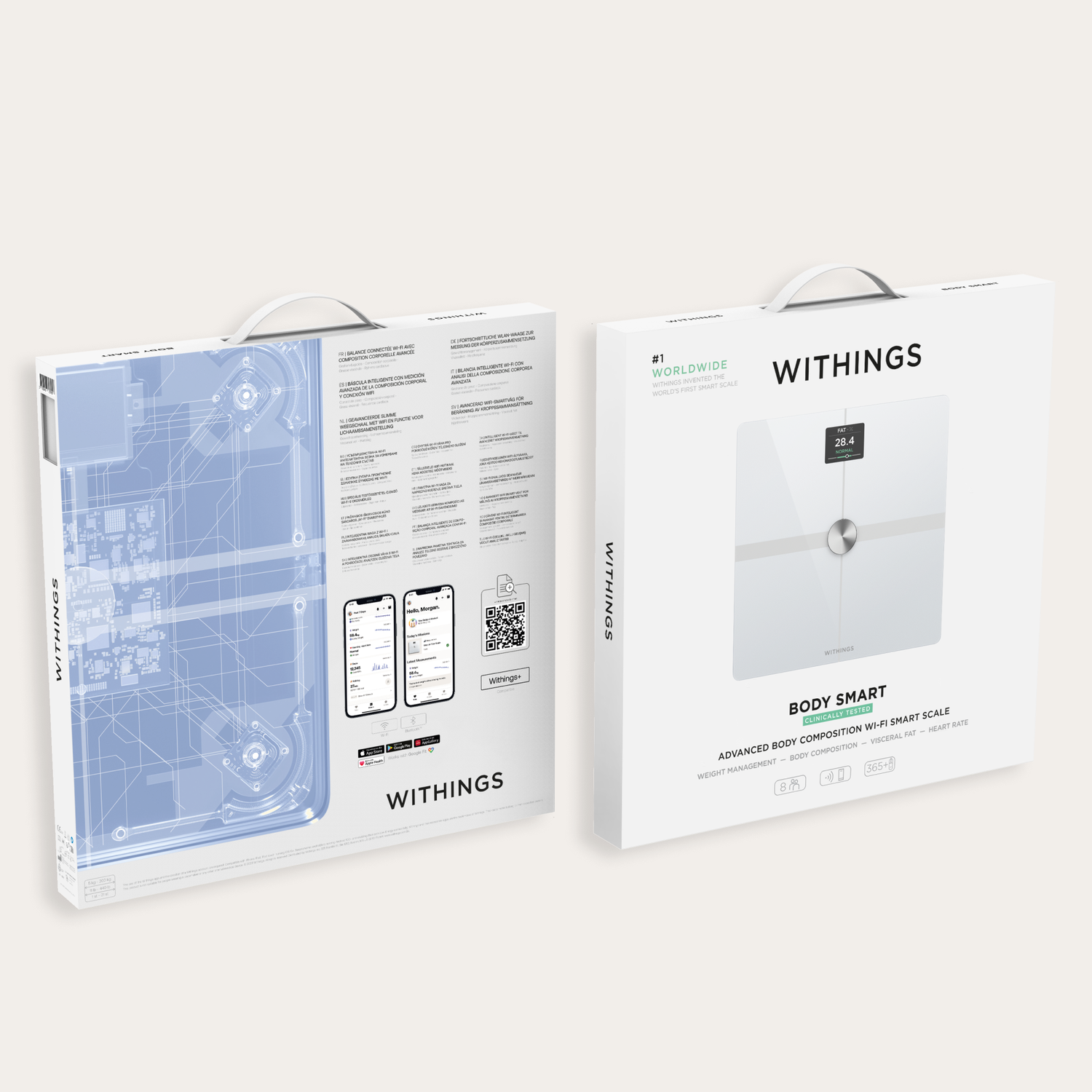 A Withings Body Smart scale box. It shows the scale, features, and app screenshots. White background.