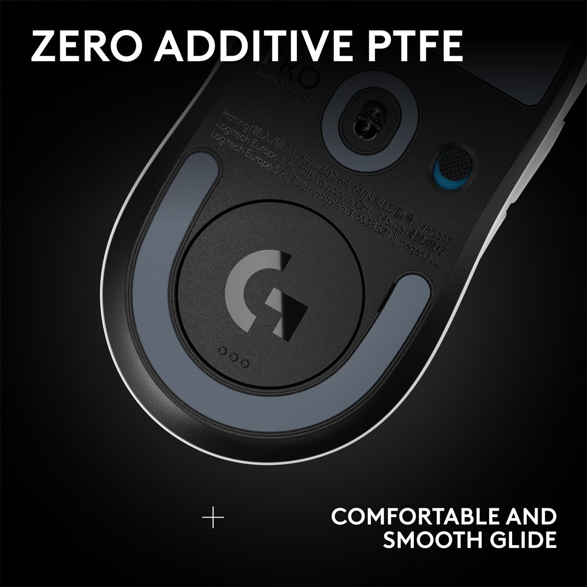 Siyah bir bilgisayar faresinin yakın çekimi. Beyaz metin 'ZERO ADDITIVE PTFE' ve 'COMFORTABLE AND SMOOTH GLIDE' diyor.