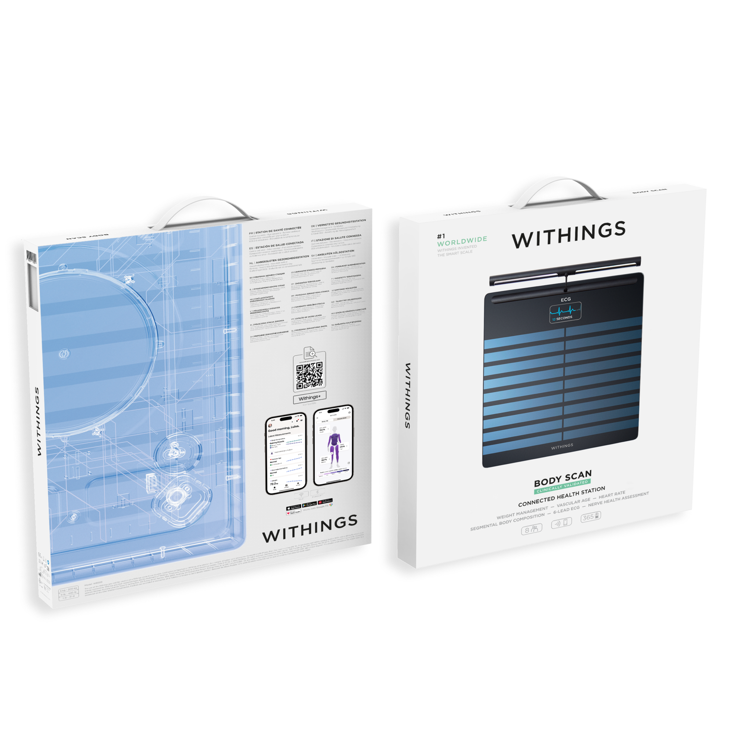 Een witte doos met 'WITHINGS'-merk toont een weegschaal met ECG-functie. De zijkant toont functies en screenshots van de app.