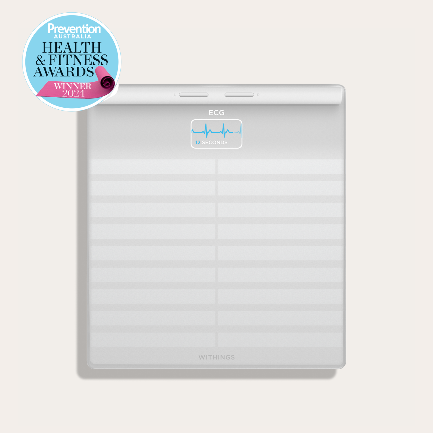 Een digitale weegschaal met een ECG-weergave. Een badge leest 'Health & Fitness Awards Winner 2024'. De weegschaal is gemarkeerd met 'Withings'.