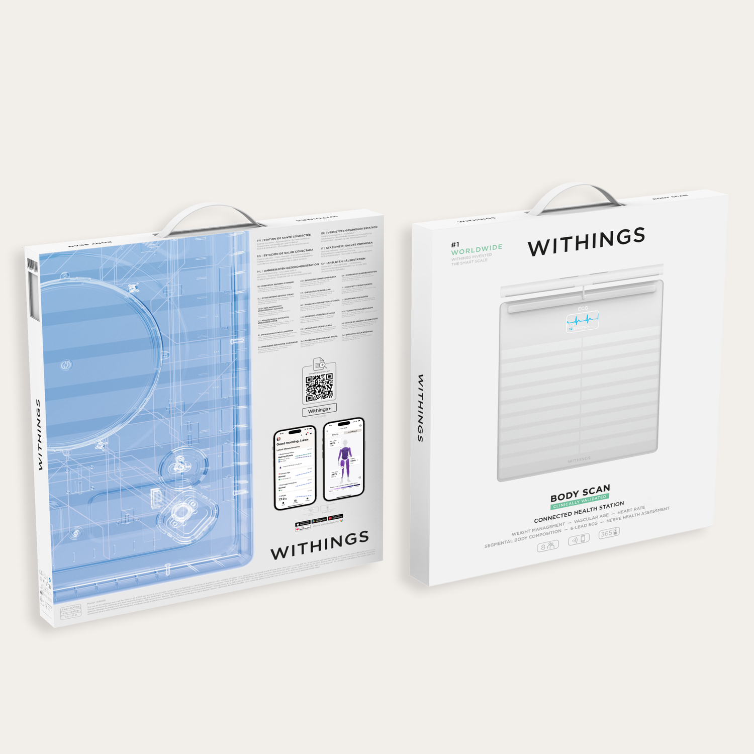 Twee witte Withings-dozen. Eén toont een weegschaalafbeelding, de andere een blauwdrukachtige afbeelding. Beide tonen 'Body Scan' en 'Connected Health Station'.
