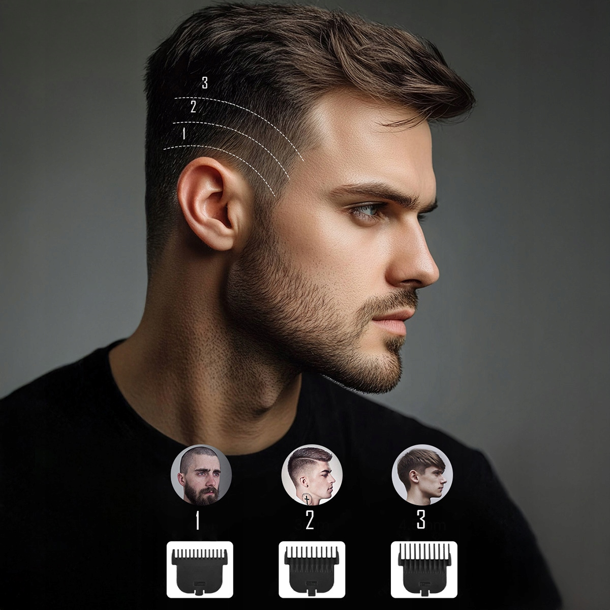 Profil mężczyzny pokazuje poziomy strzyżenia 1, 2 i 3, z przykładami fryzur i maszynkami do strzyżenia poniżej. Ciemne włosy, szare tło.