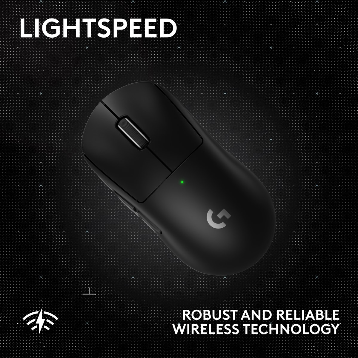 Logitech G logosu, üstte LIGHTSPEED yazısı ve altta metin bulunan siyah bir kablosuz fare. Arka plan karanlık.