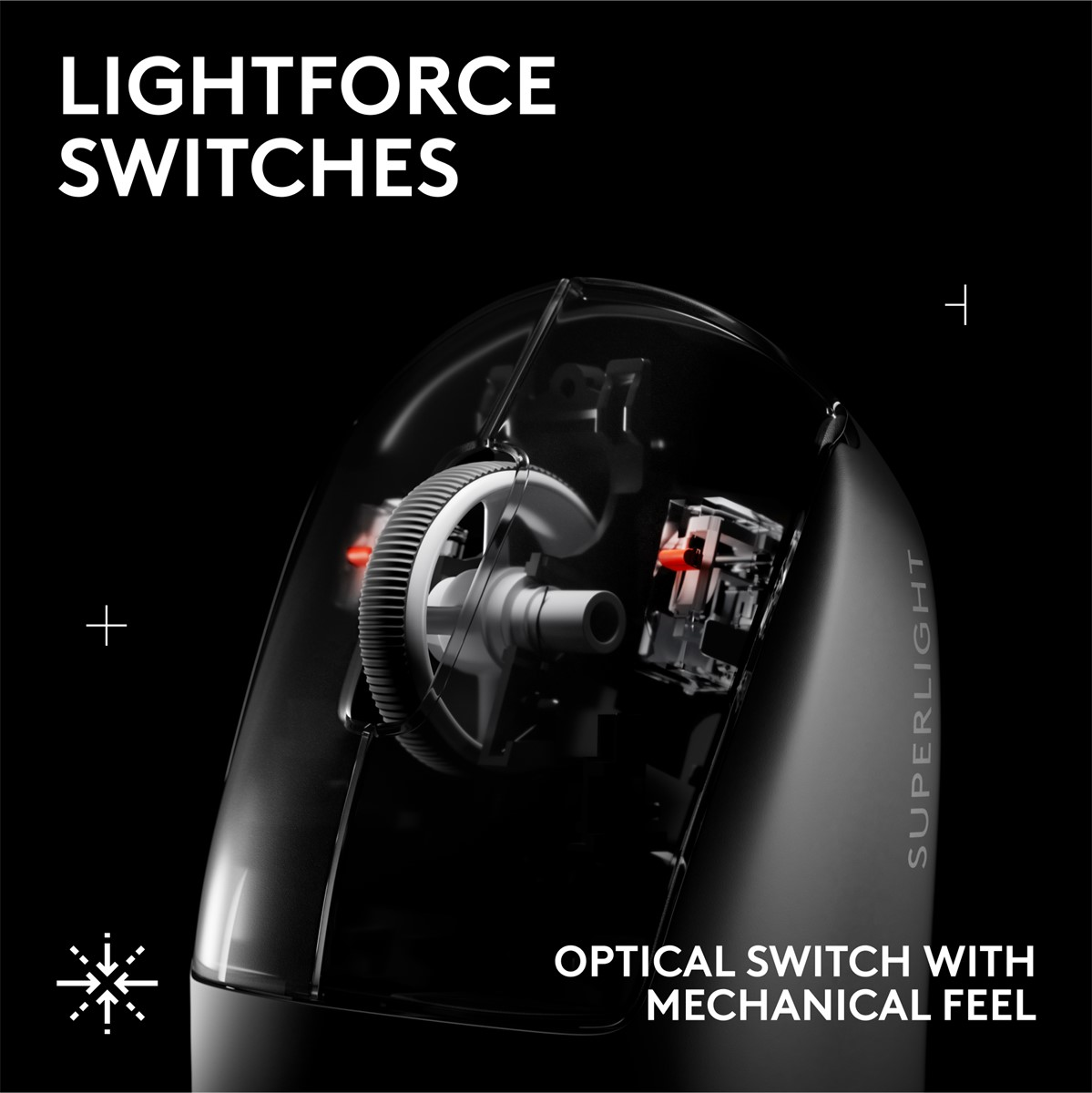 İç bileşenleri görünen siyah bir farenin yakın çekimi. Metin: Lightforce Switches, Mekanik hisli optik anahtar.