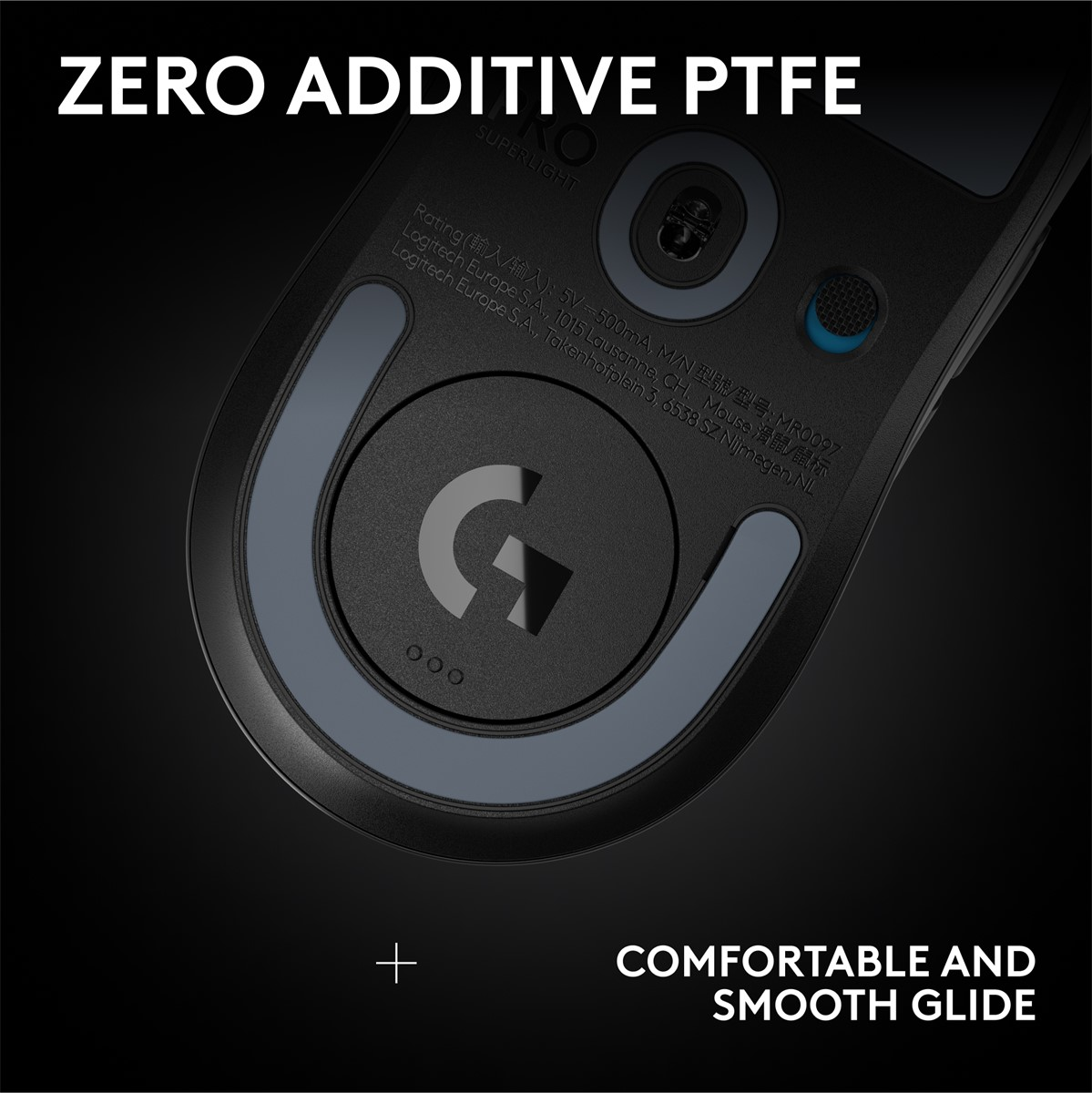 Siyah bir Logitech farenin yakın çekimi. Metin: ZERO ADDITIVE PTFE. G logosu, mavi bir düğme ve ürün hakkında metin içerir.