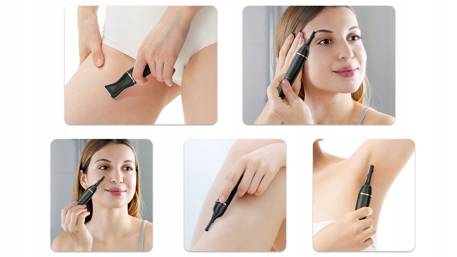 Osoba używająca czarno-złotego trymera na różnych częściach ciała, w tym nogach, twarzy i pod pachami.