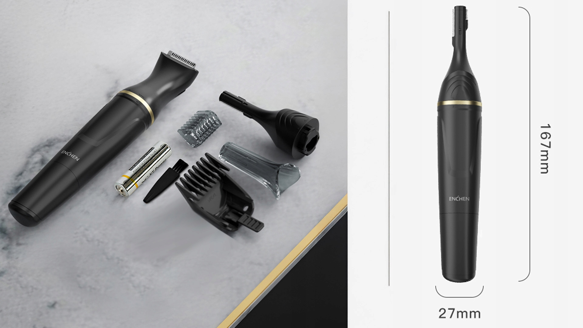 Czarna golarka elektryczna z akcesoriami i diagramem wymiarów. Akcesoria obejmują grzebienie, głowice i baterię. Golarka ma 167 mm długości.