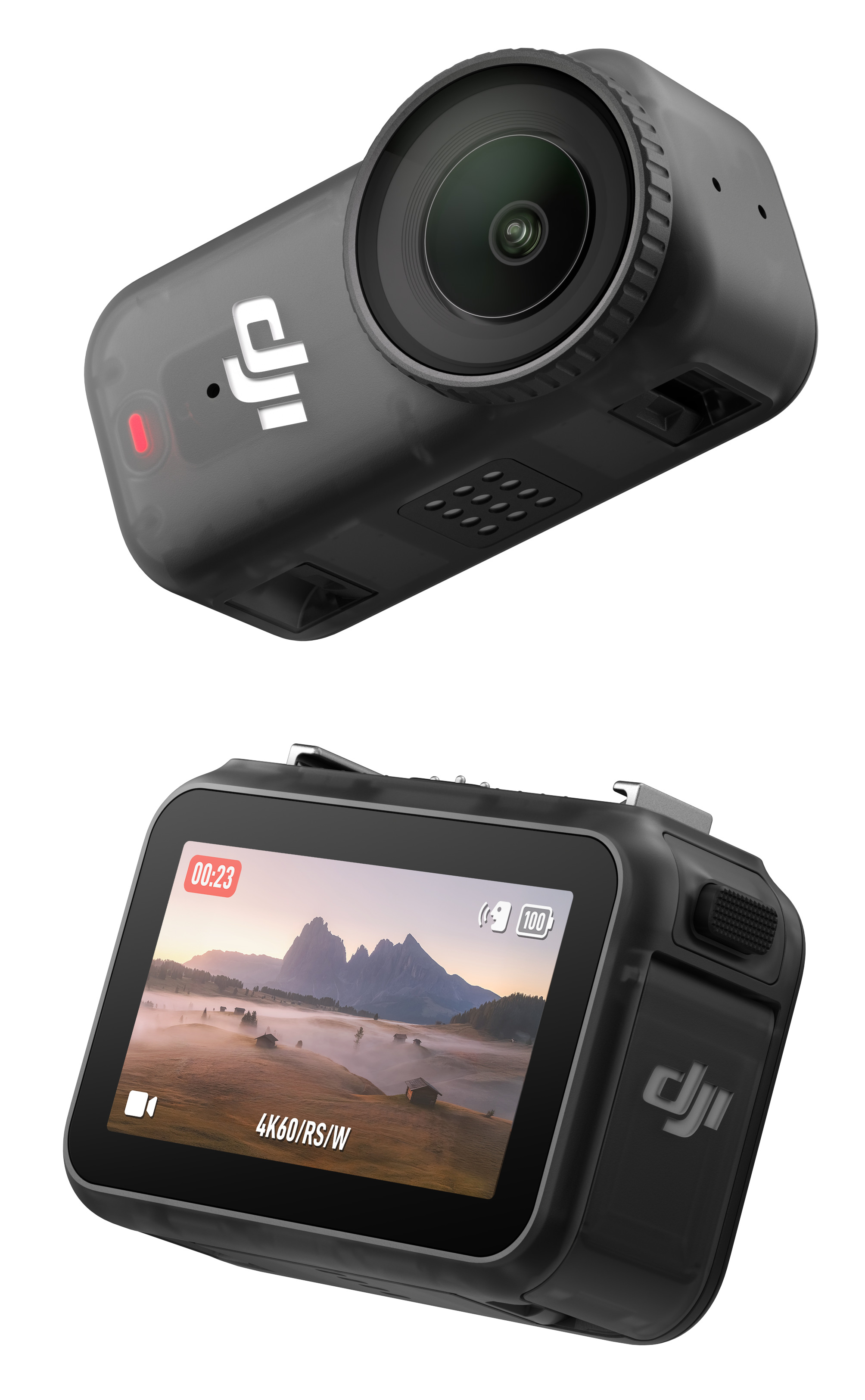 Czarna kamera sportowa z ekranem krajobrazu. Obiektyw, przyciski. Widoczne logo DJI.