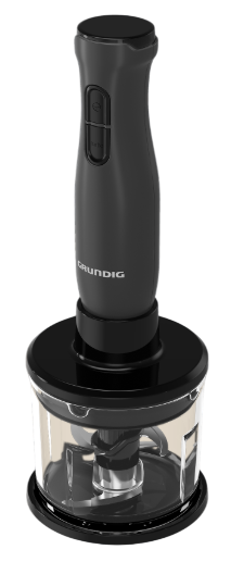 Siyah Grundig el blenderi. Bir düğmesi olan bir motor ünitesi ve bıçaklı şeffaf bir kap vardır.