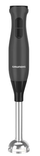 Bir Grundig el blenderi. Düğmeli koyu gri bir sapı ve gümüş renkli bir karıştırma başlığı vardır.