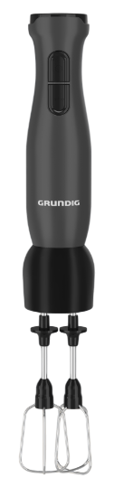 Siyah Grundig el blenderi, düğmeli ana gövde ve altta iki çırpma teli eki ile.
