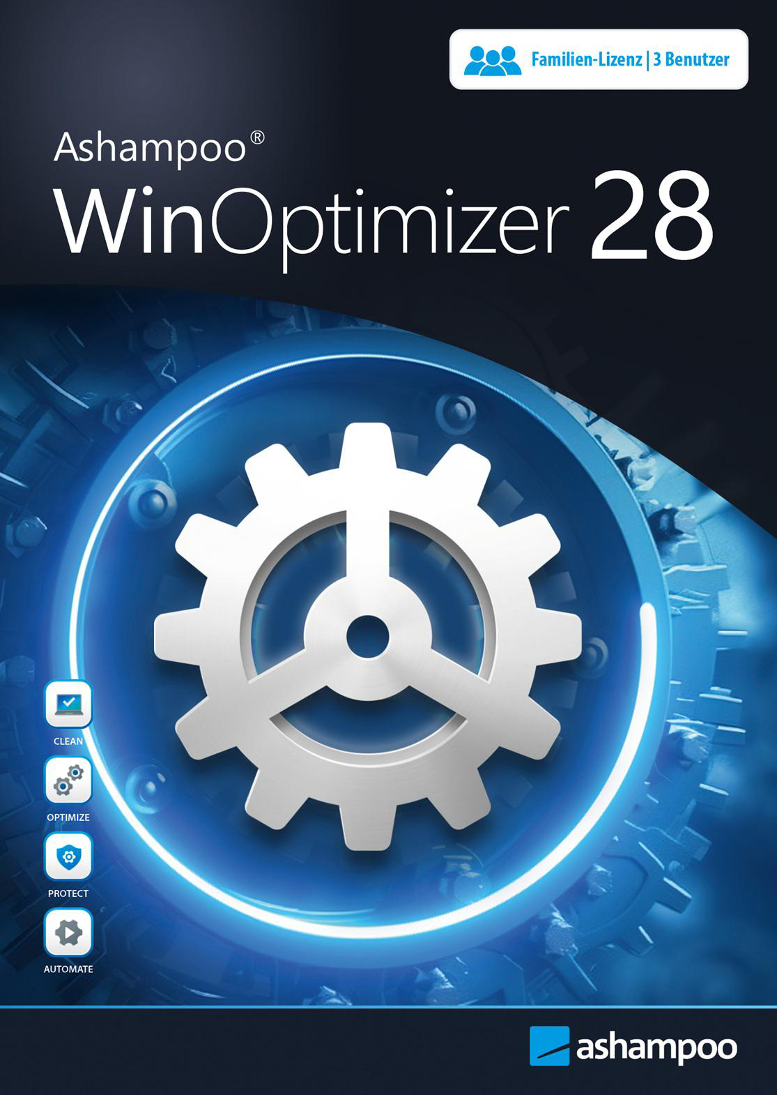 WinOptimizer 28 Software-Logo. Ein weißes Zahnrad in einem blauen Kreis. Text enthält 'Ashampoo' und Funktionssymbole.
