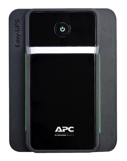 Czarne urządzenie APC Easy-UPS. Ma przycisk zasilania i zieloną diodę LED. Logo APC by Schneider Electric na dole.
