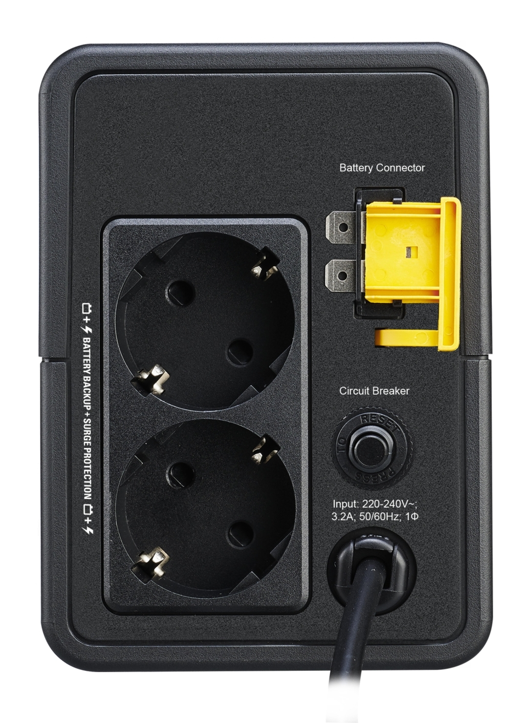 Czarny panel tylny UPS z dwoma gniazdami, żółtym złączem baterii i wyłącznikiem obwodu. Widoczne są również etykiety tekstowe.