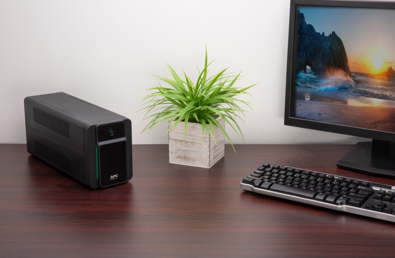 Biurko z monitorem pokazującym scenę na plaży, zasilaczem UPS, rośliną w drewnianej doniczce i klawiaturą.