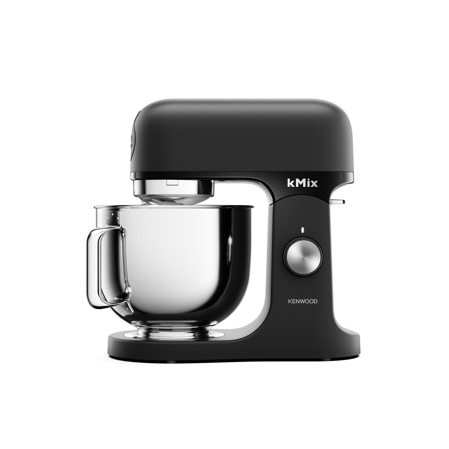 A black Kenwood kMix stand mixer with a stainless steel bowl is on a white background.