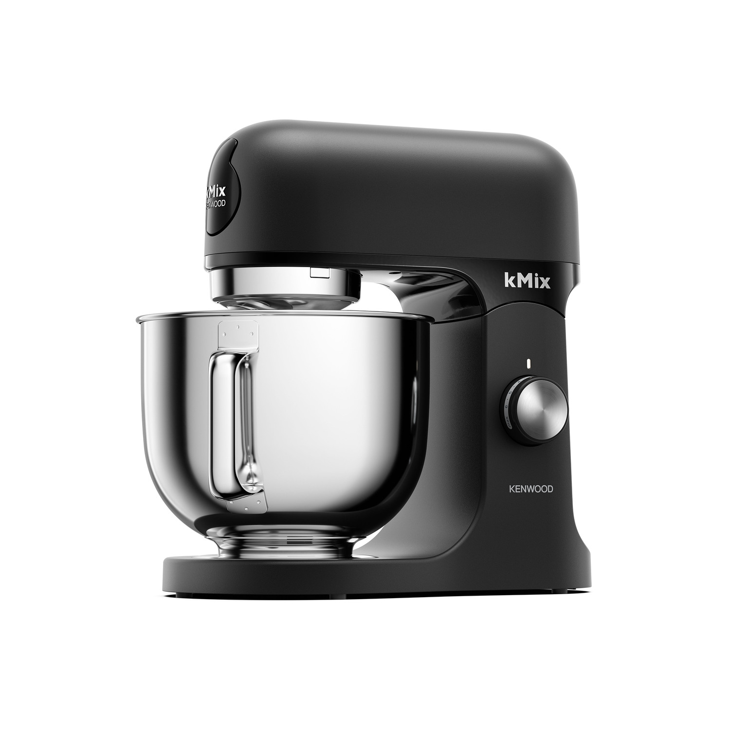 A black Kenwood kMix stand mixer. It has a stainless steel bowl and a silver control knob. The background is white.