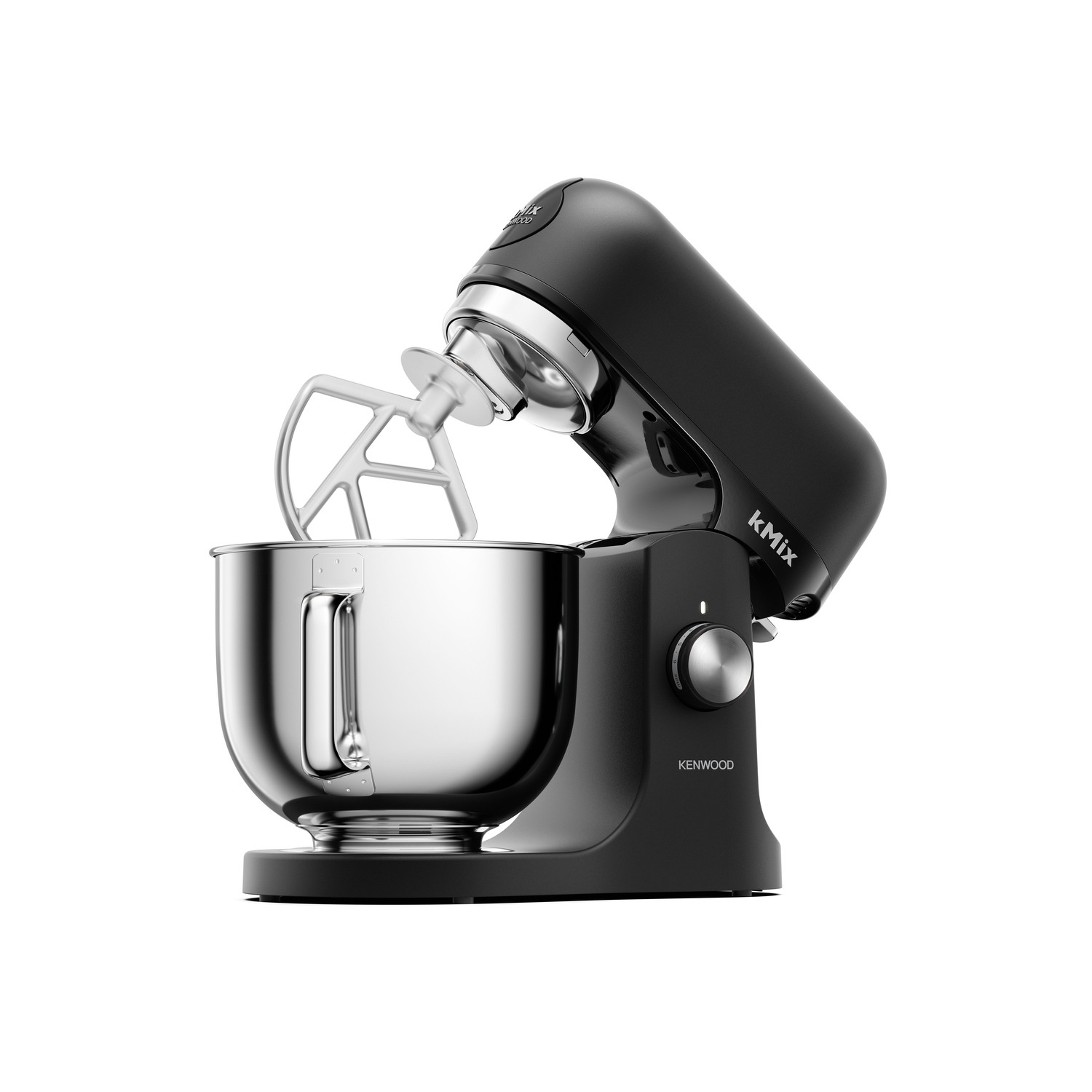 A black Kenwood kMix stand mixer with a silver bowl and beater, set against a white background.