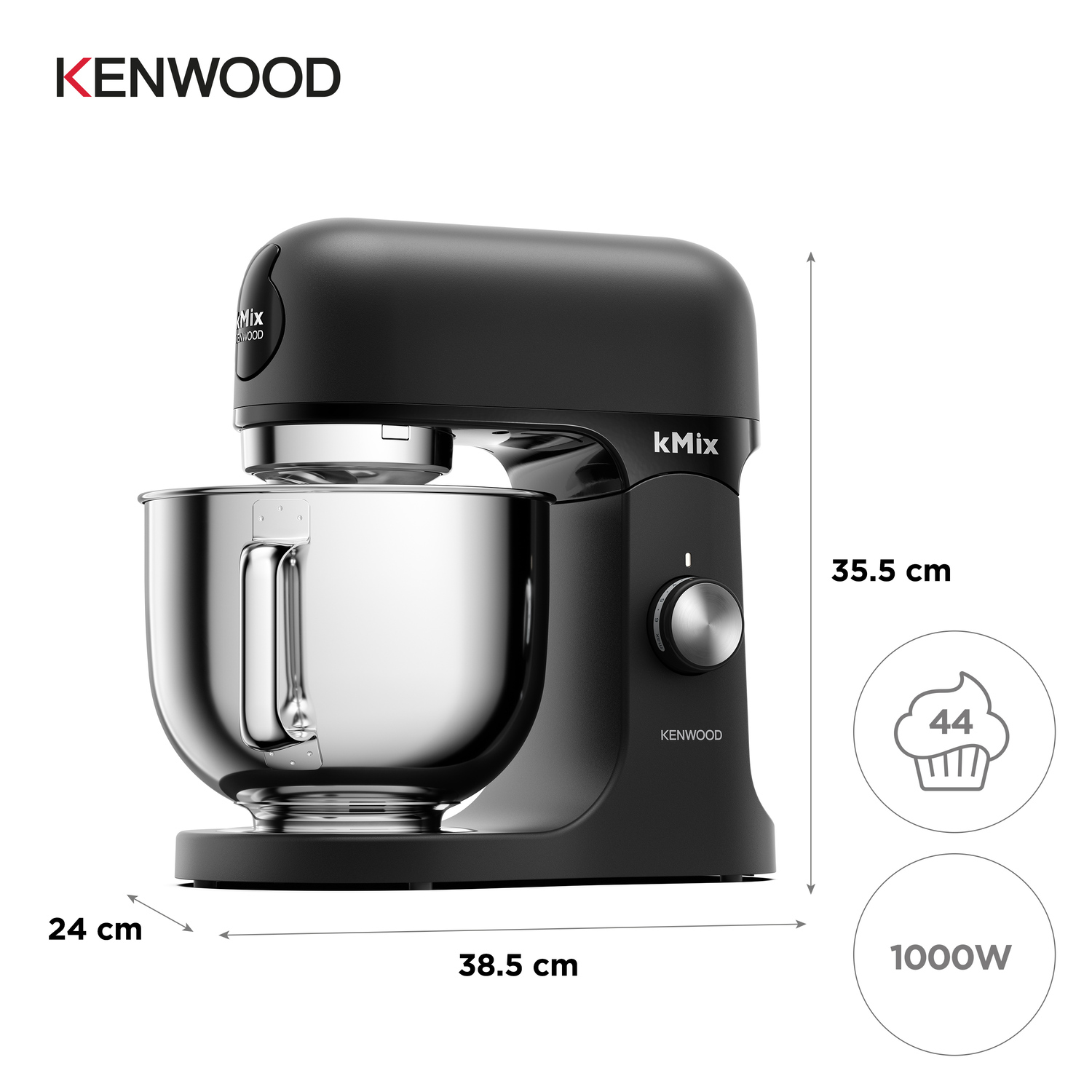 A black Kenwood kMix stand mixer with a stainless steel bowl. Dimensions and power details are shown in the image.