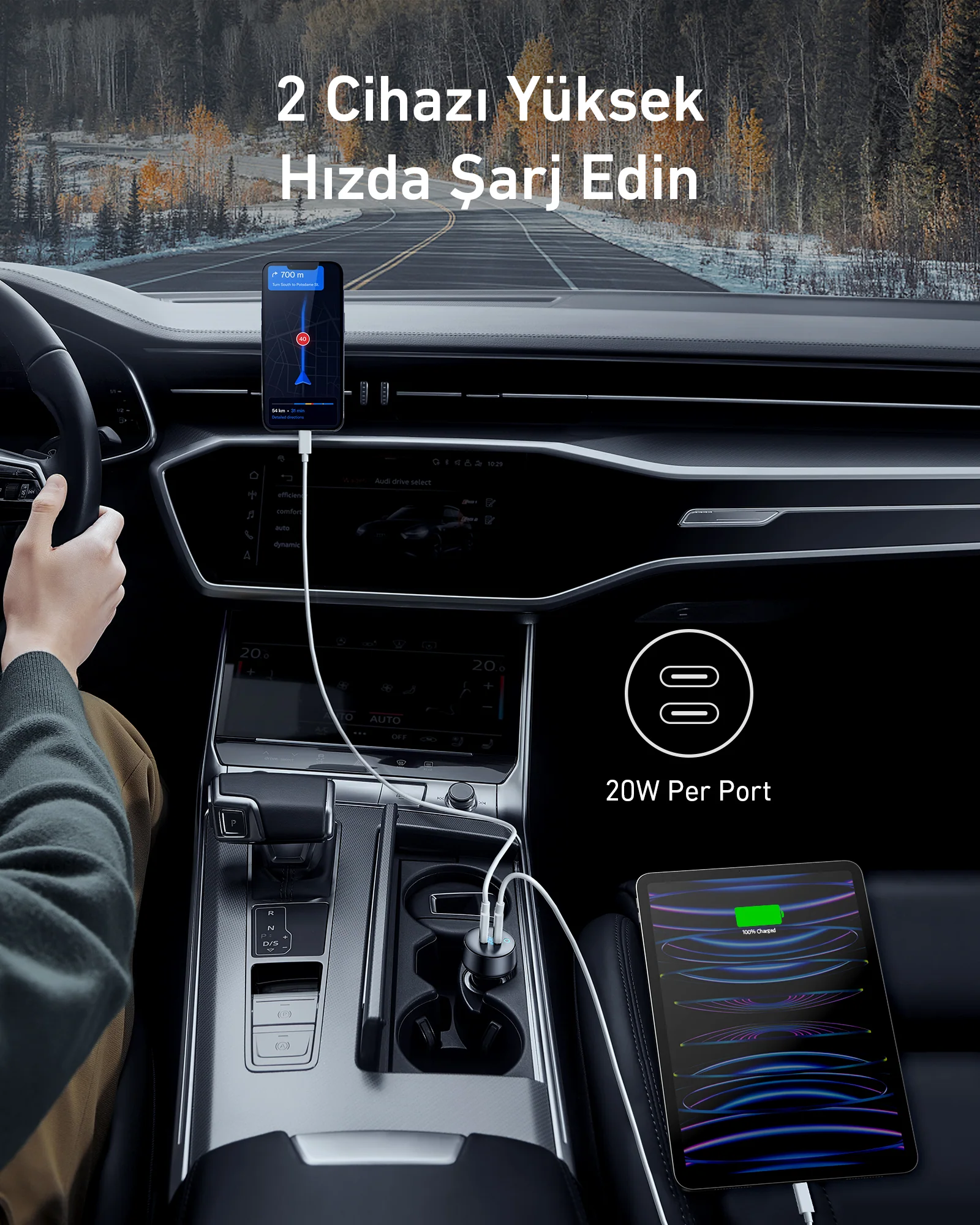 Harita gösteren telefon, şarj olan tablet ve şarj cihazı ile araba içi. Metin: 2 cihazı yüksek hızda şarj edin, bağlantı noktası başına 20W.