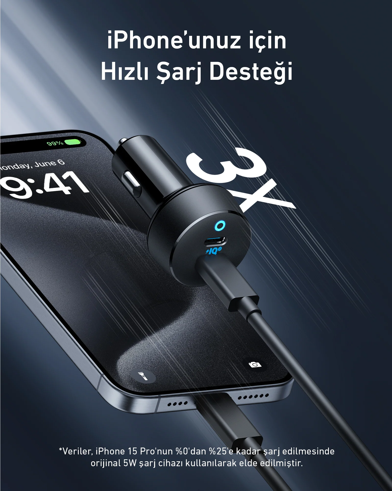 Siyah bir şarj cihazıyla şarj olan bir iPhone. Telefon %99 şarj gösteriyor. Metin: iPhone'unuz için Hızlı Şarj Desteği.