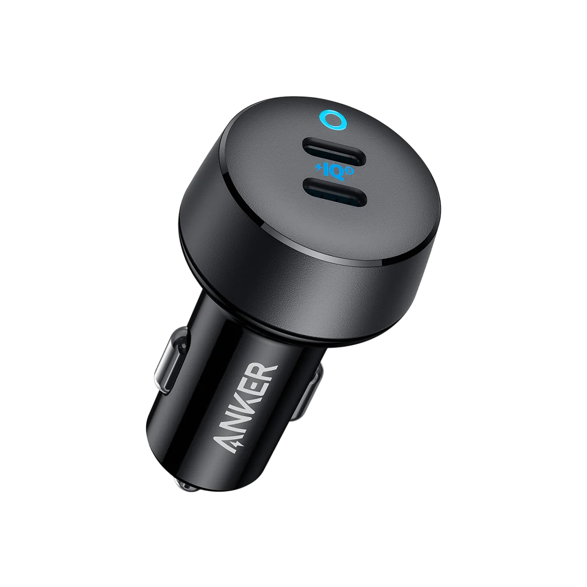 Siyah Anker araç şarj cihazı, iki USB portu ve siyah zemin üzerinde mavi gösterge ışıkları. Anker logosu görünür.