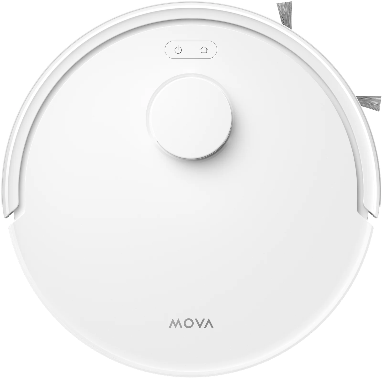 Un aspirateur robot MOVA blanc et rond. Il possède un bouton d'alimentation, un bouton d'accueil et un bouton central circulaire.