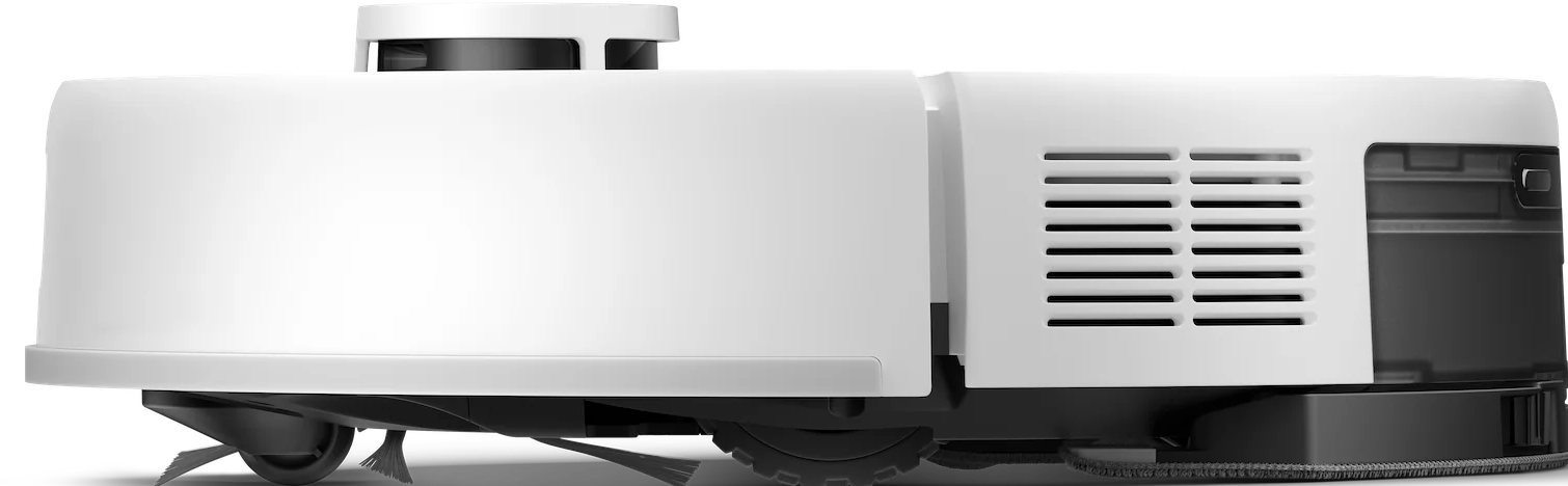 Vue latérale d'un aspirateur robot blanc et noir. Comprend une brosse, des roues et des fentes de ventilation.