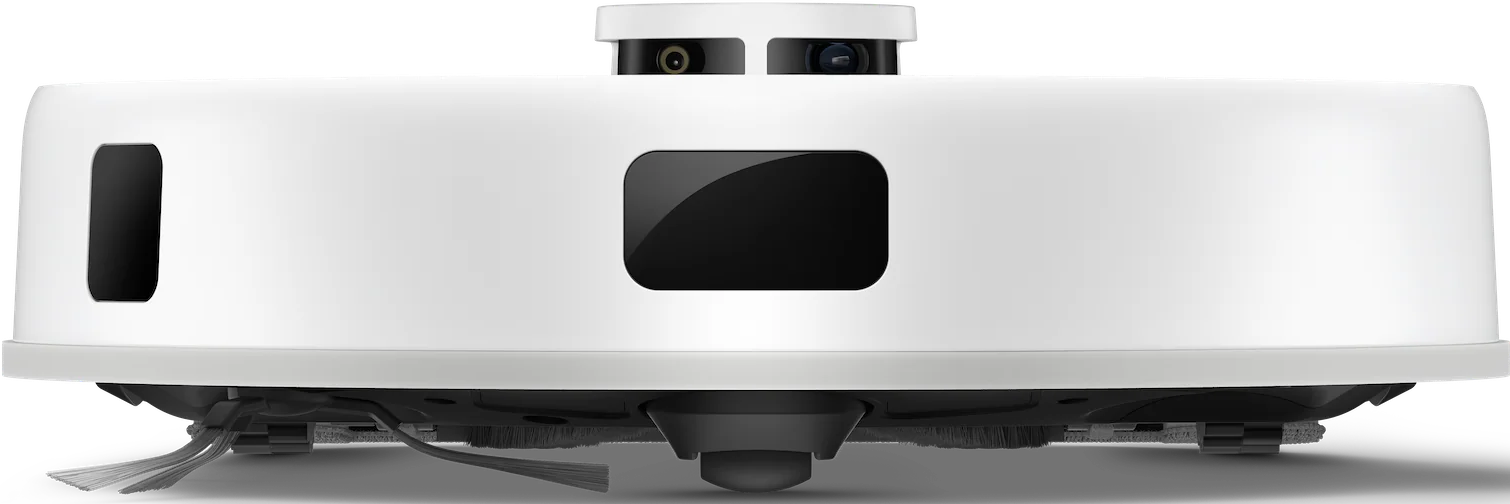 Un aspirateur robot blanc avec des capteurs noirs et une brosse. Il a une forme arrondie.
