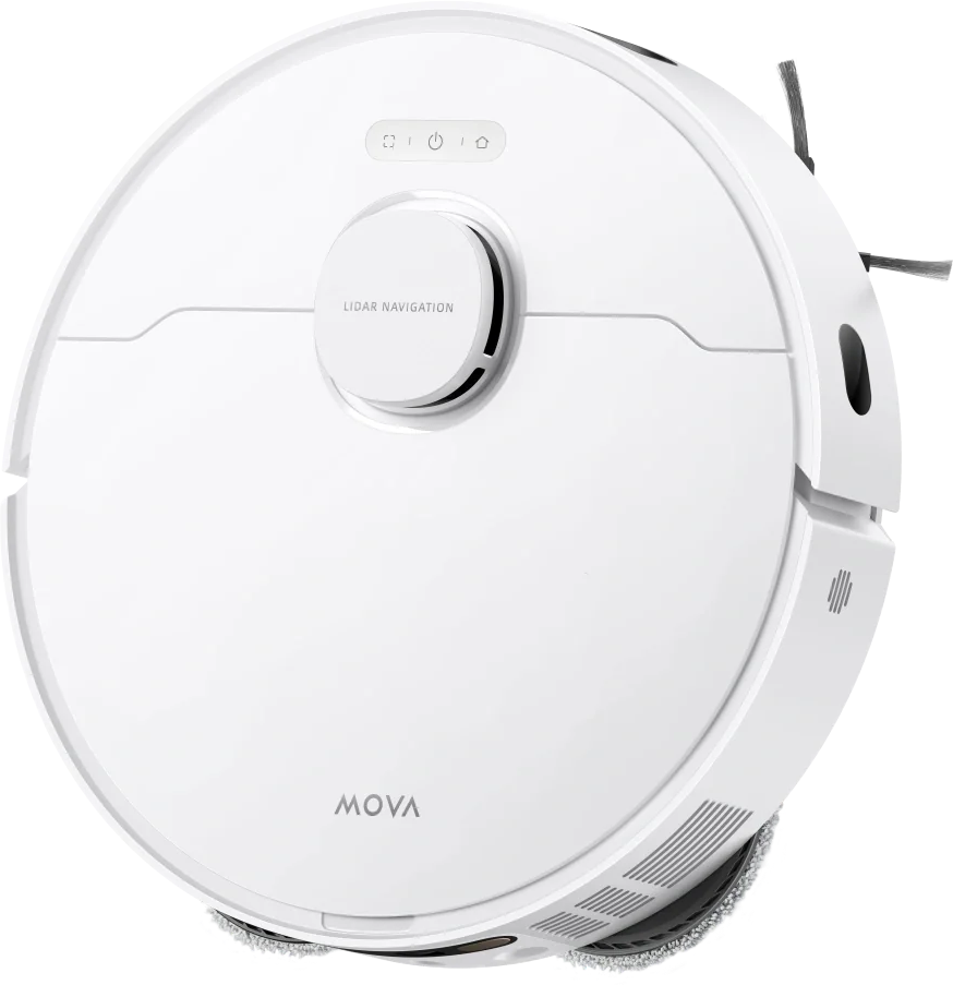 Aspirapolvere robot bianco. Ha una forma circolare con "MOVA" scritto sopra. Ha la navigazione LIDAR.
