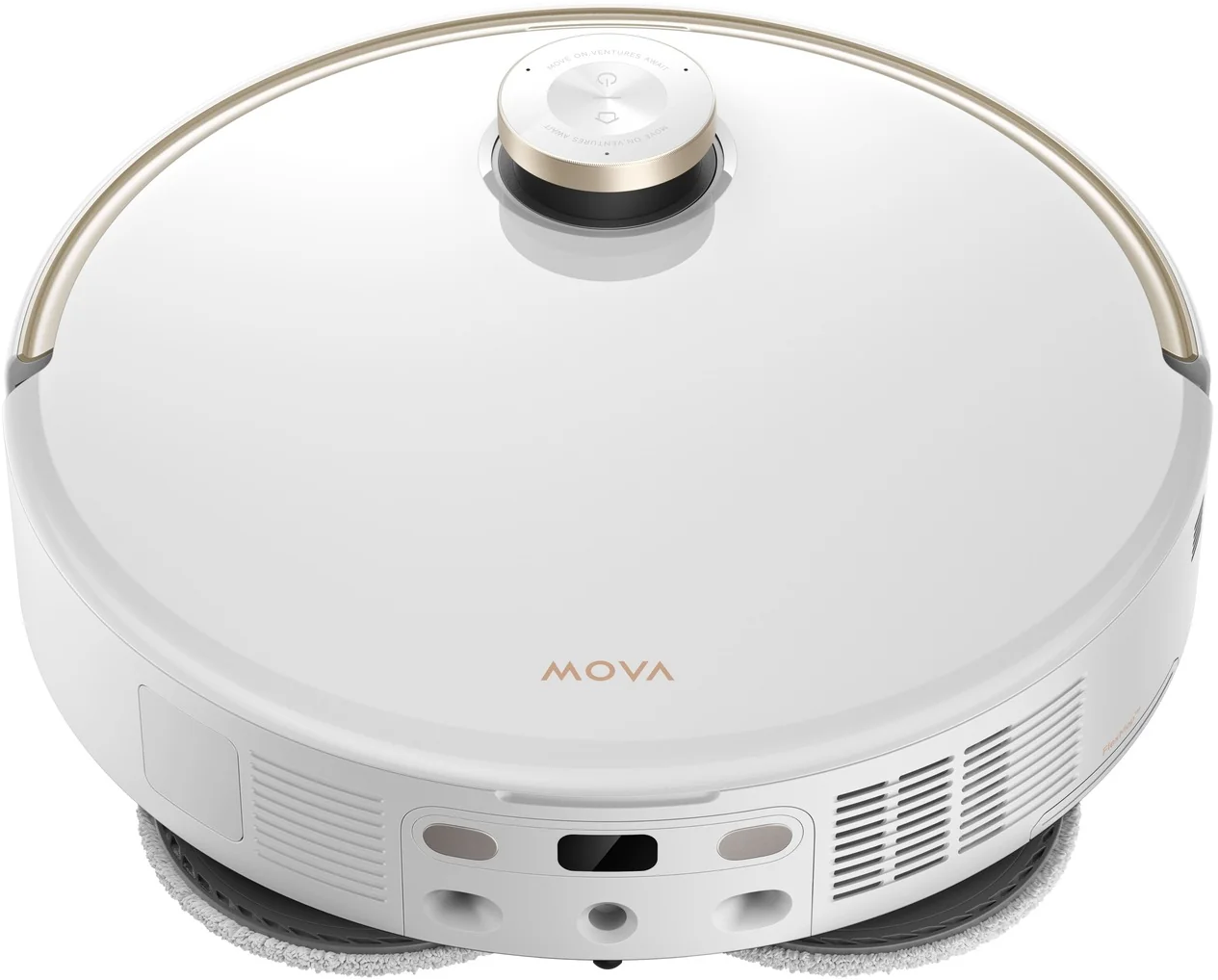 Un aspirateur robot MOVA blanc. Il a un design circulaire avec une bordure dorée et un panneau de commande central.