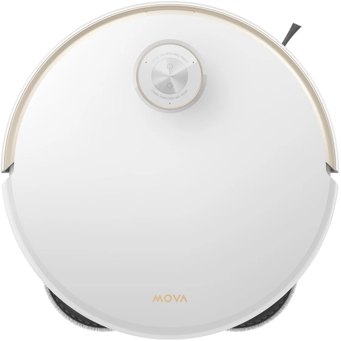 Un aspirateur robot blanc au design circulaire. Il possède un panneau de commande argenté et une bordure dorée, marquée 'MOVA'.