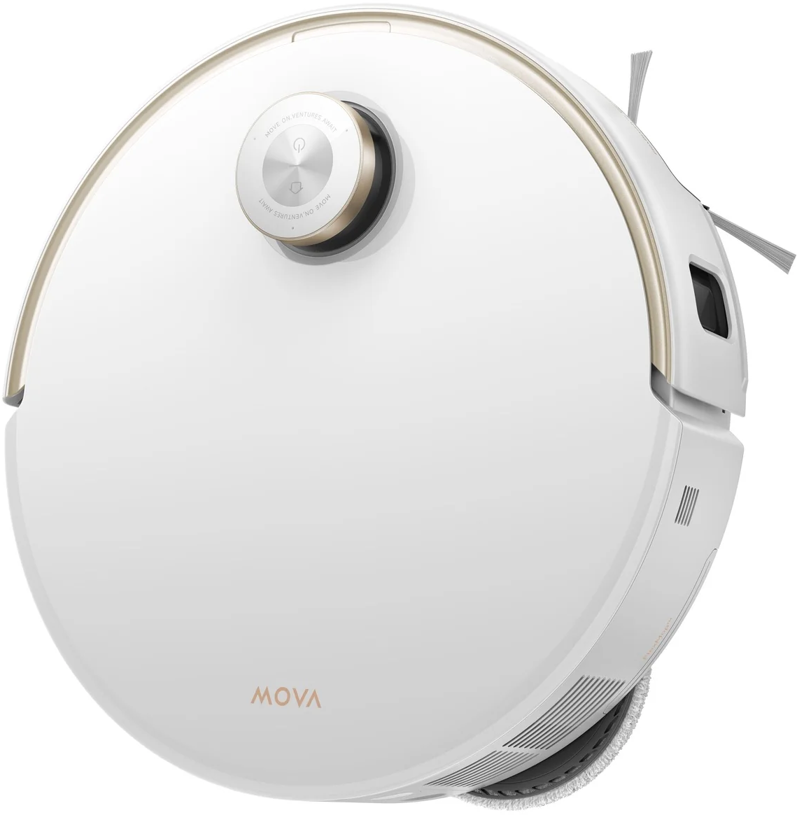Un aspirateur robot MOVA blanc et doré. Il a une forme circulaire avec un bouton, une brosse et le nom de la marque MOVA écrit.