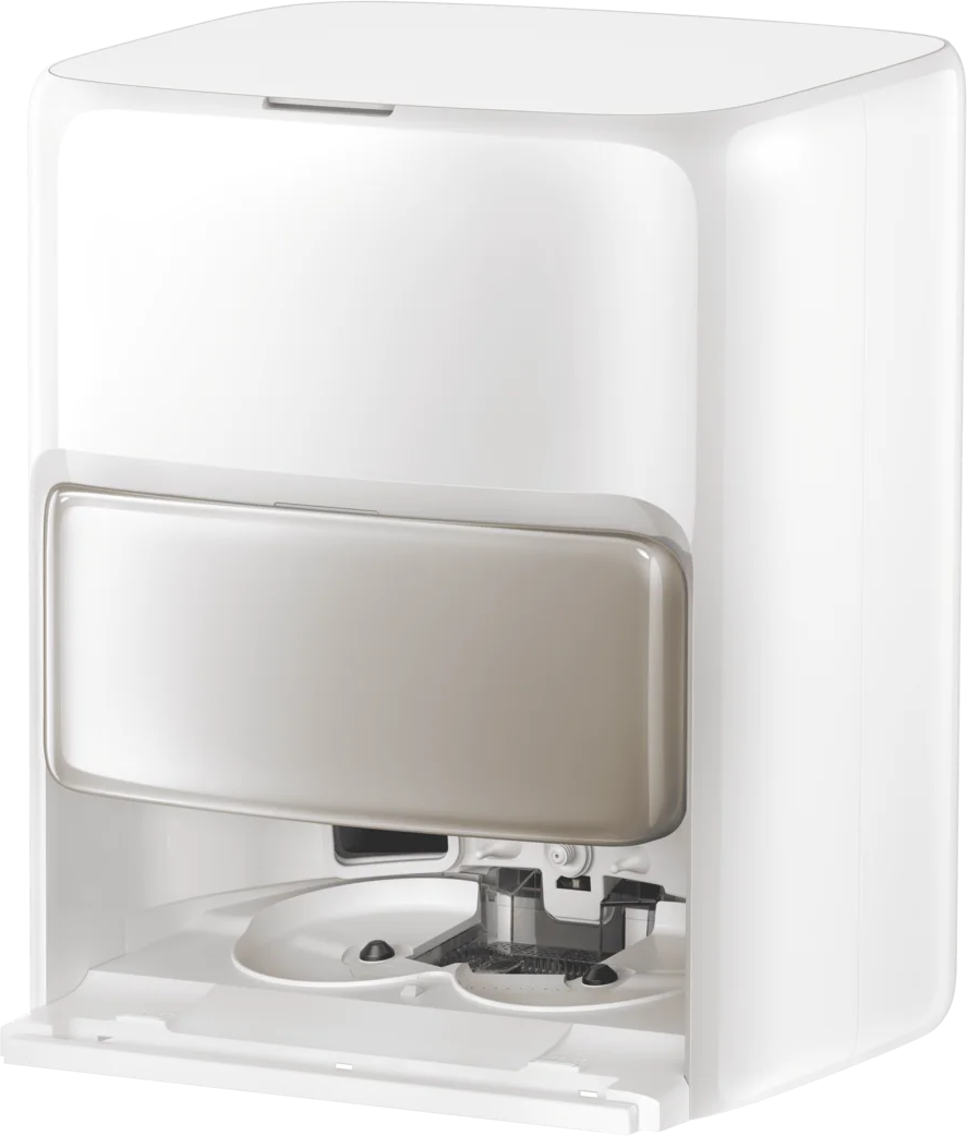 Un aspirateur robot blanc et moderne avec une porte ouverte. Comprend un panneau avant argenté et des composants de nettoyage internes.