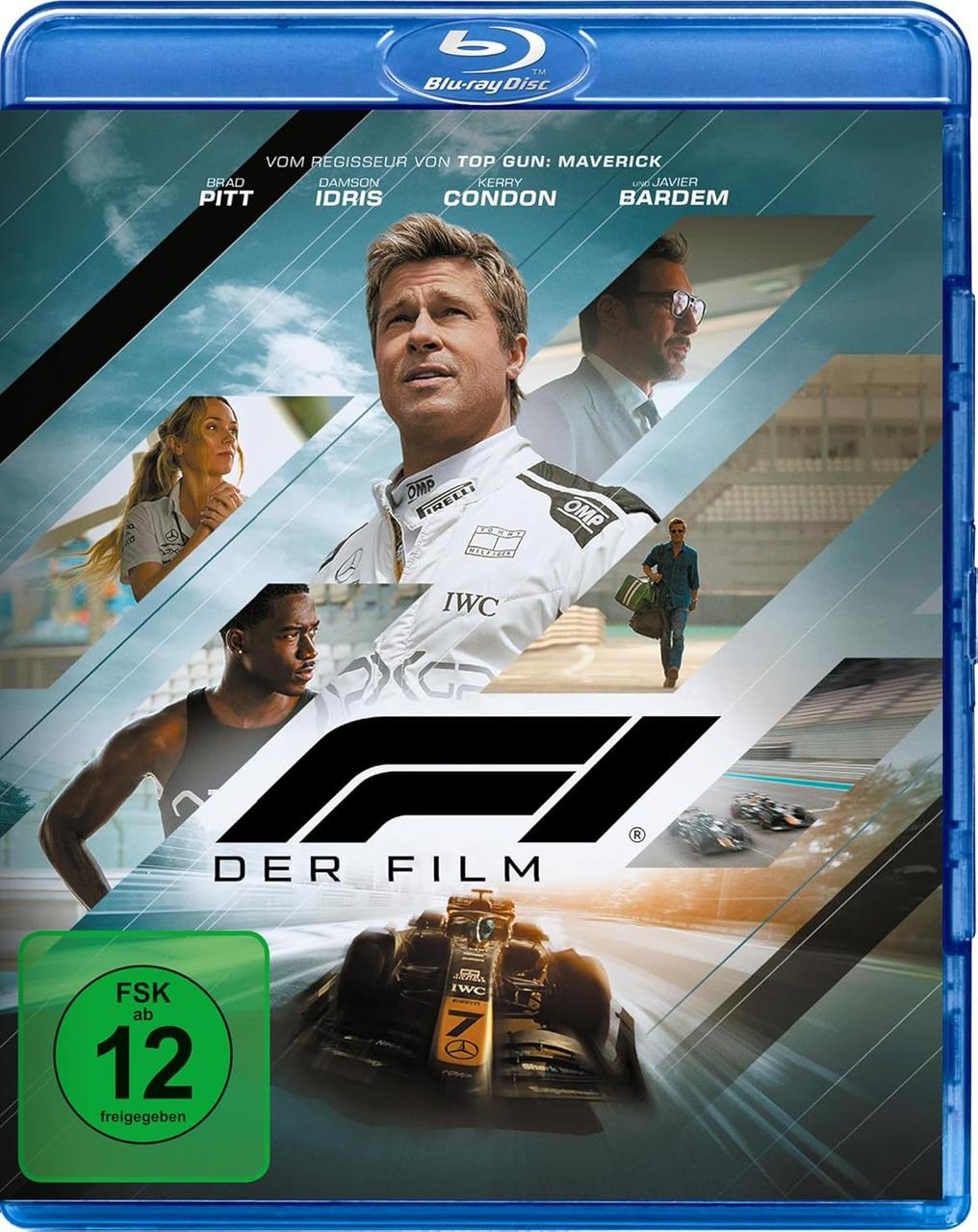 Blu-ray-Disc-Cover für 'Der Film' mit Brad Pitt. Es enthält Bilder von Schauspielern, einem Rennwagen und dem F1-Logo.