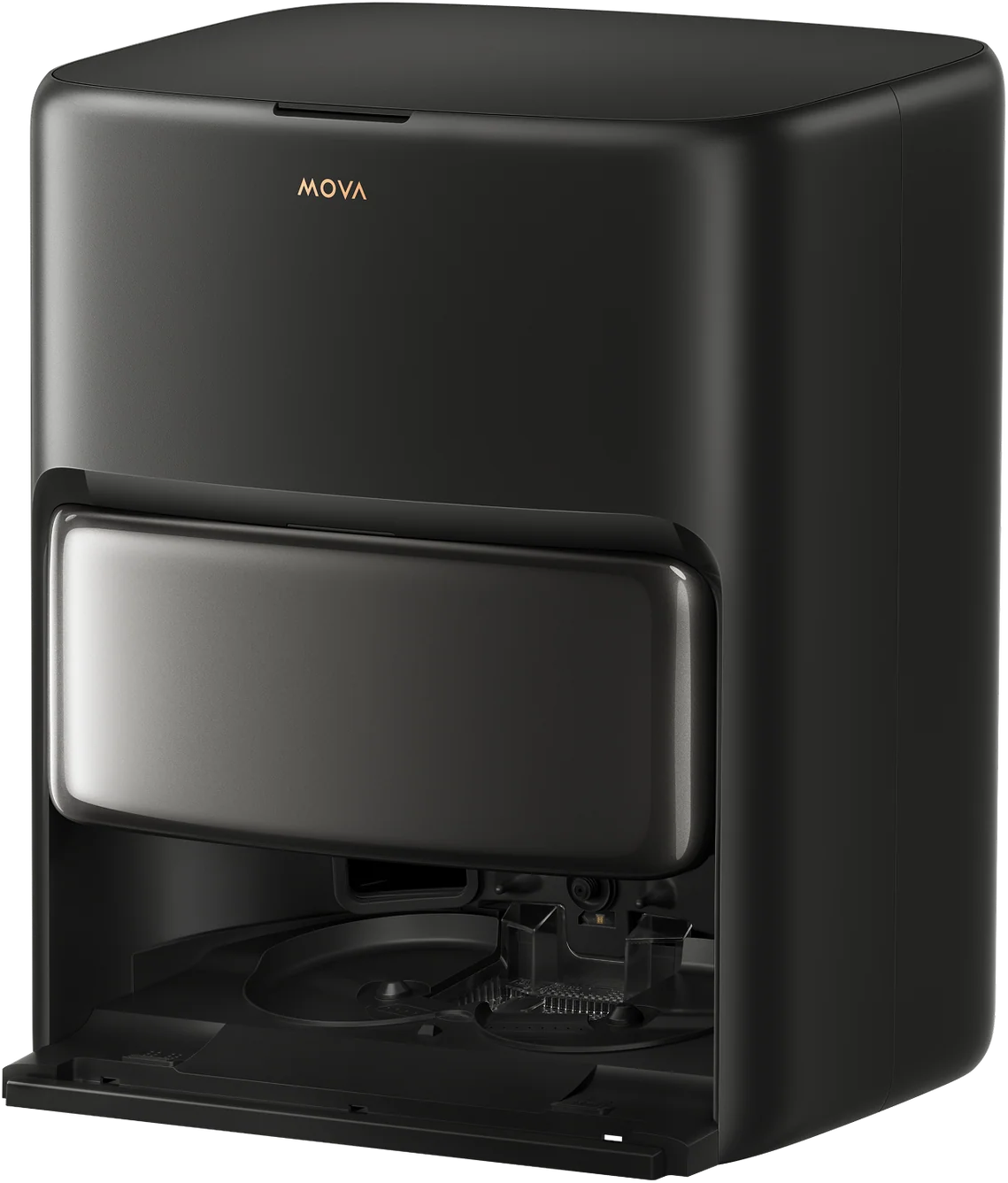 Un elettrodomestico MOVA nero con uno scomparto aperto che rivela i componenti interni. La macchina ha un design elegante e moderno.