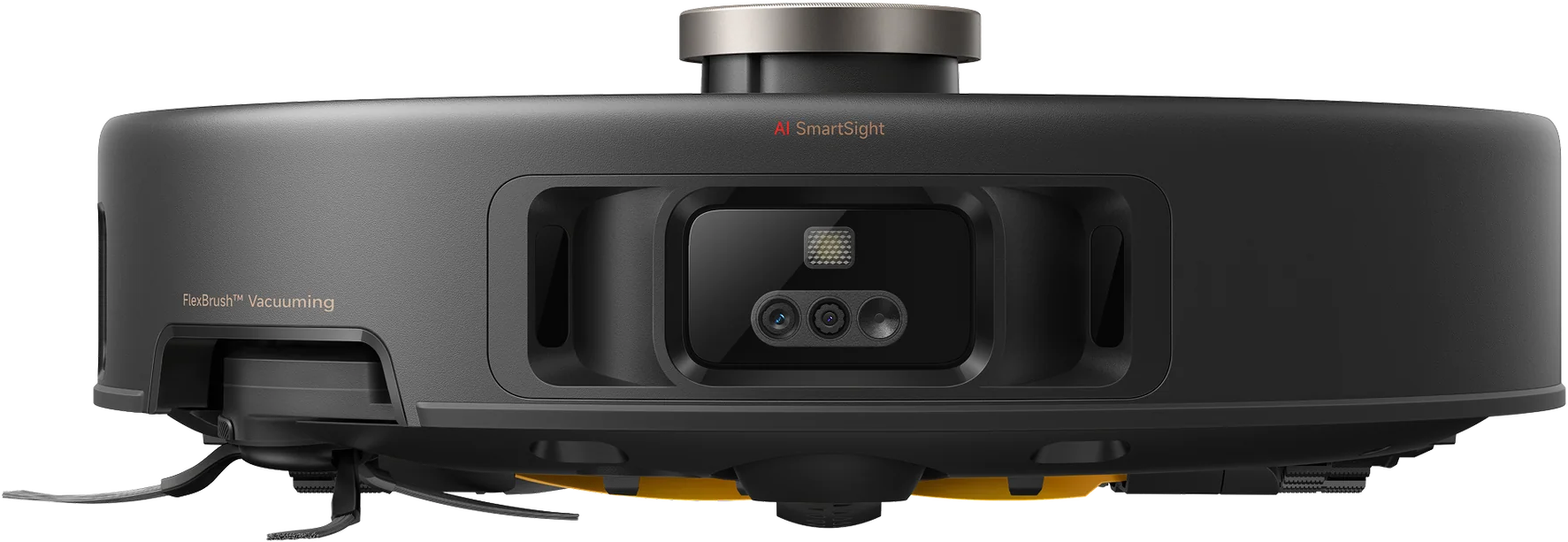 Un robot aspirapolvere nero e grigio con il testo "AI SmartSight" e "FlexBrush Vacuuming" visibili.