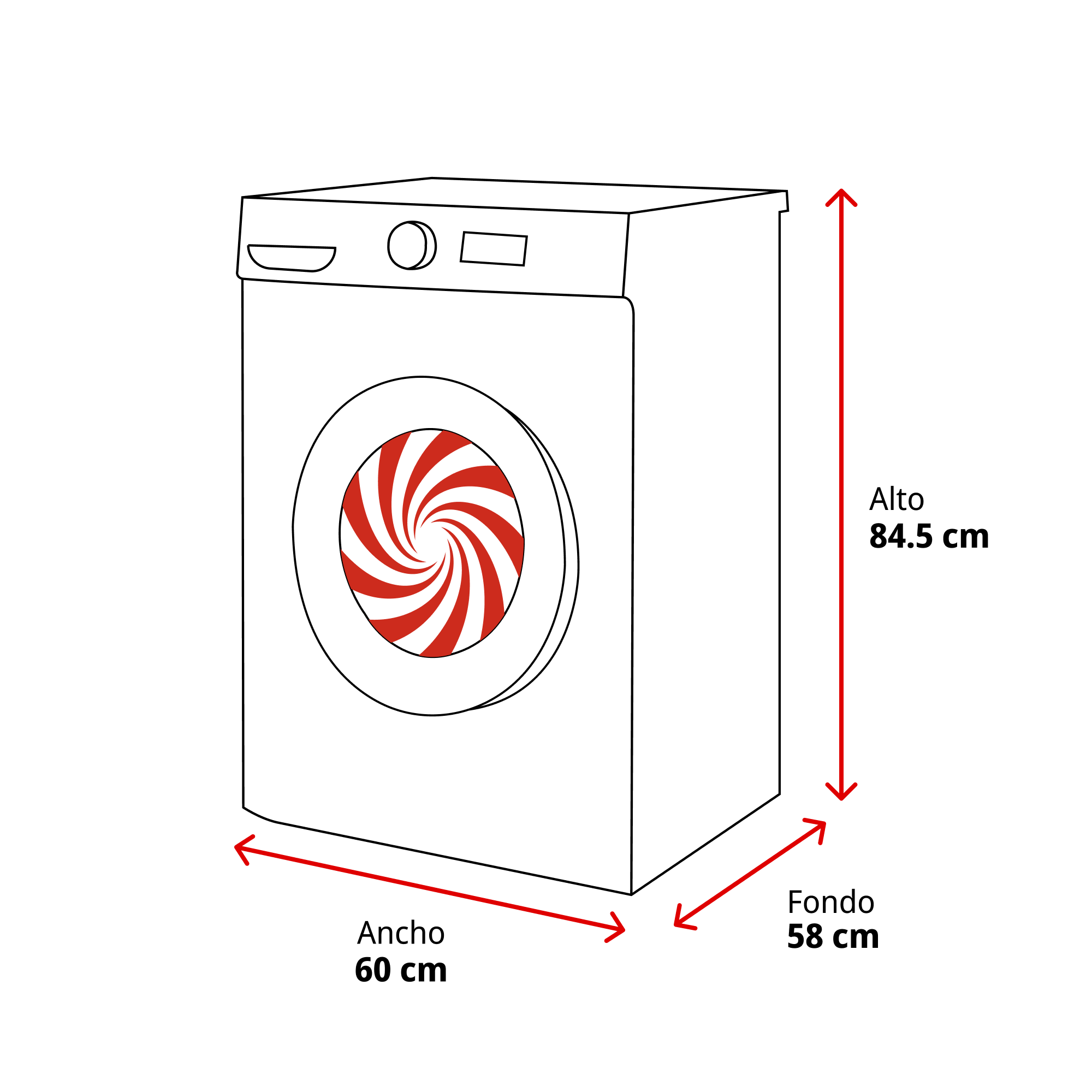 Una lavadora blanca con un diseño espiral rojo y blanco en la puerta. Dimensiones: Altura 84,5 cm, Ancho 60 cm, Fondo 58 cm.